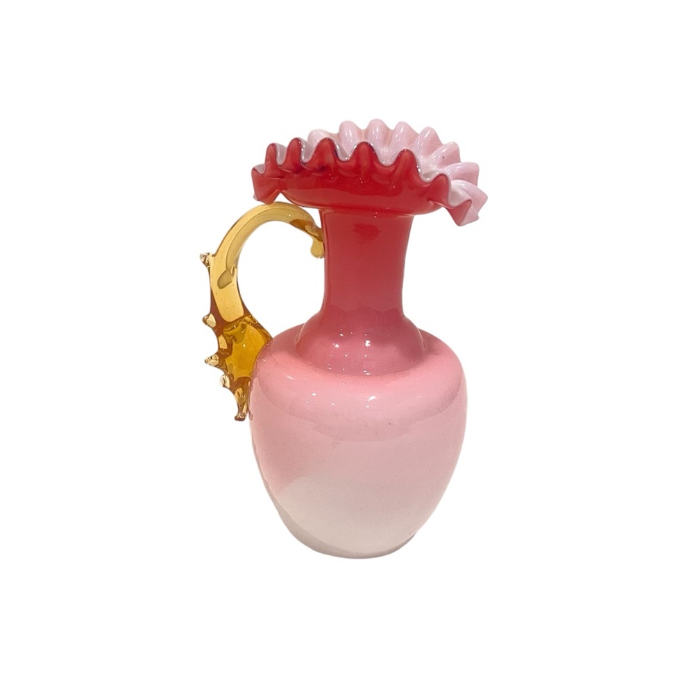 Antique Vintage Hand Blown Art Glass Vase Pitcher Pink Ombre Amber Handle 1890's
